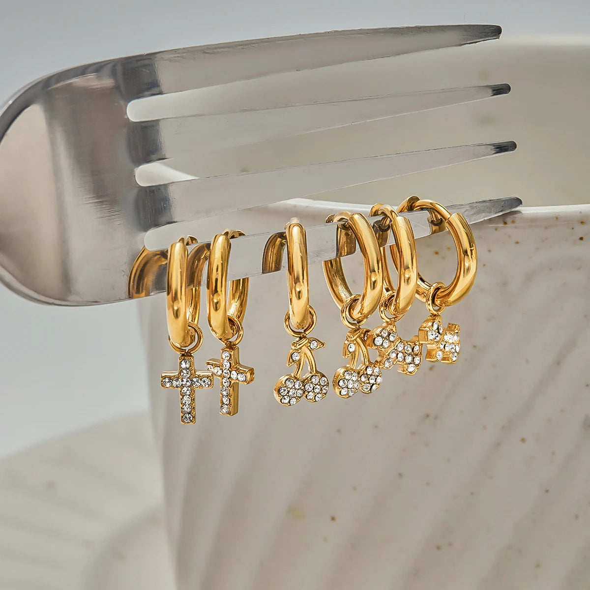 Cherry, Cross & Star Charm Huggie Hoop Earrings for Women – Gold Plated Waterproof Tarnish Free Stainless Steel Jewellery