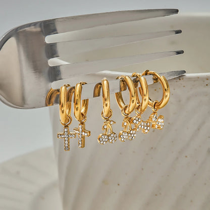 Cherry, Cross & Star Charm Huggie Hoop Earrings for Women – Gold Plated Waterproof Tarnish Free Stainless Steel Jewellery