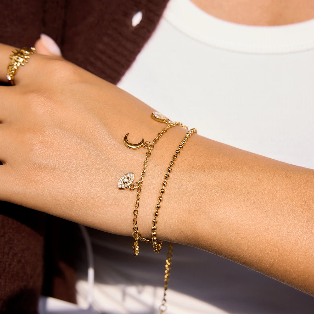 18K Gold Plated Celestial Charm Bracelet | Waterproof Double Layer Sun Moon Star & Evil Eye Bracelet | Boho Gold Charm Bracelet
