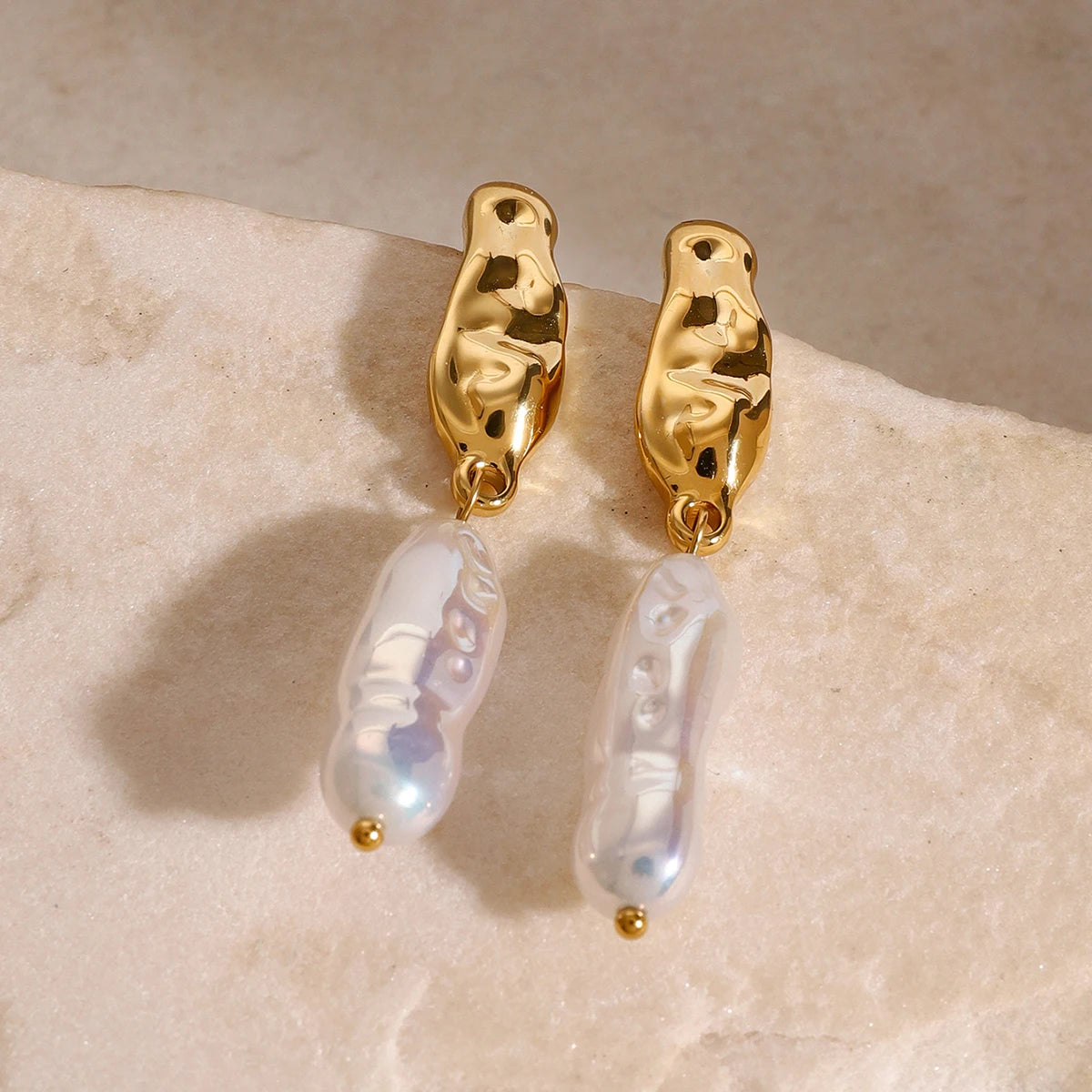 18K Gold Plated Hammered Pearl Drop Earrings for Women – Waterproof Tarnish Free Statement Jewellery