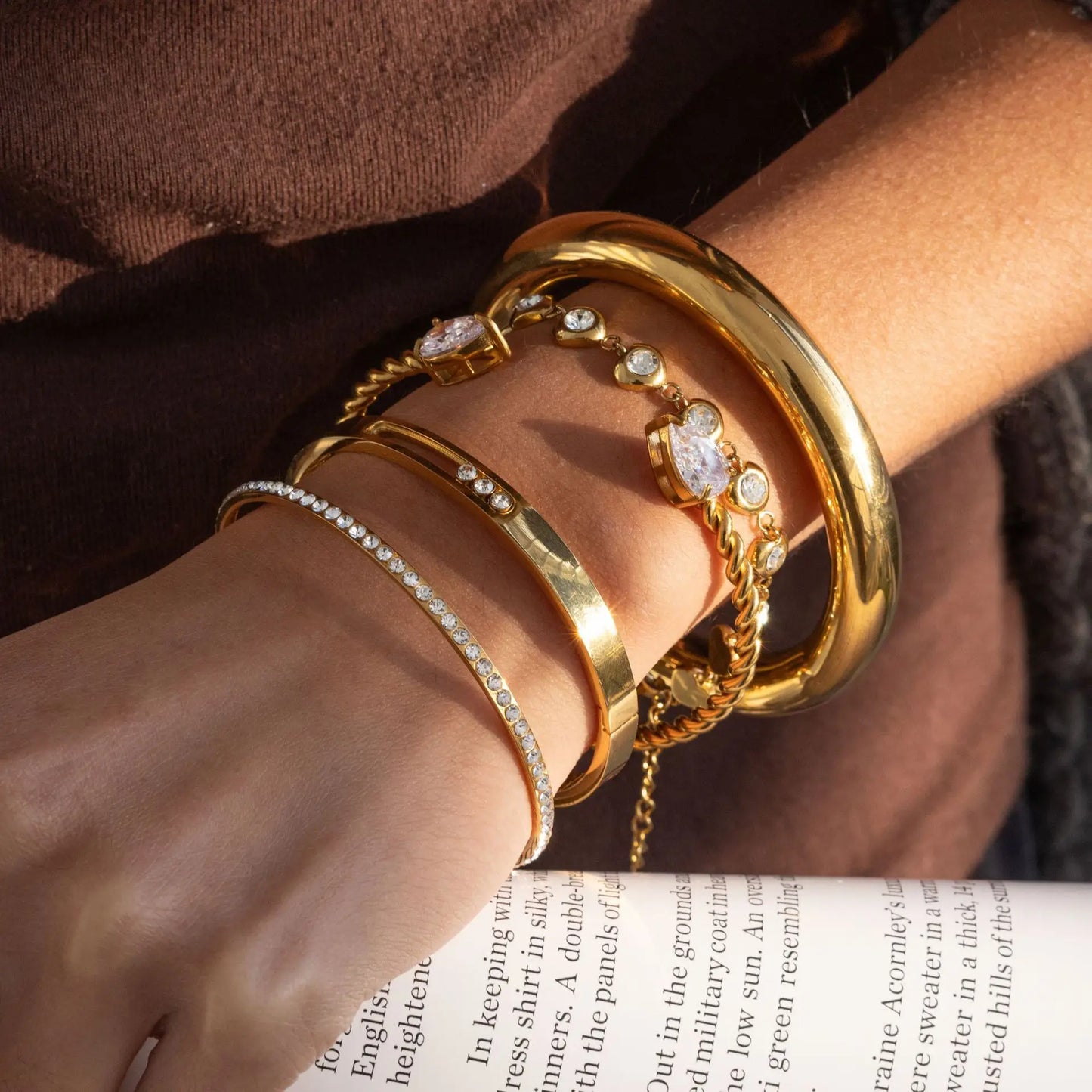 18K Gold Plated Bracelet Stack | Waterproof Bangle & Chain Bracelet Collection | CZ Crystal Gold Wrist Stack Gift Set