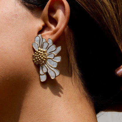 18K Gold Plated Floral Stud Earrings Set for Women – Waterproof Tarnish Free Stainless Steel Jewellery (Pink & White Variants)