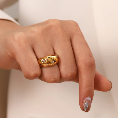 18K Gold Plated Celestial Star Dome Ring | Multicolour Crystal Starburst Ring | Waterproof Chunky Gold Band