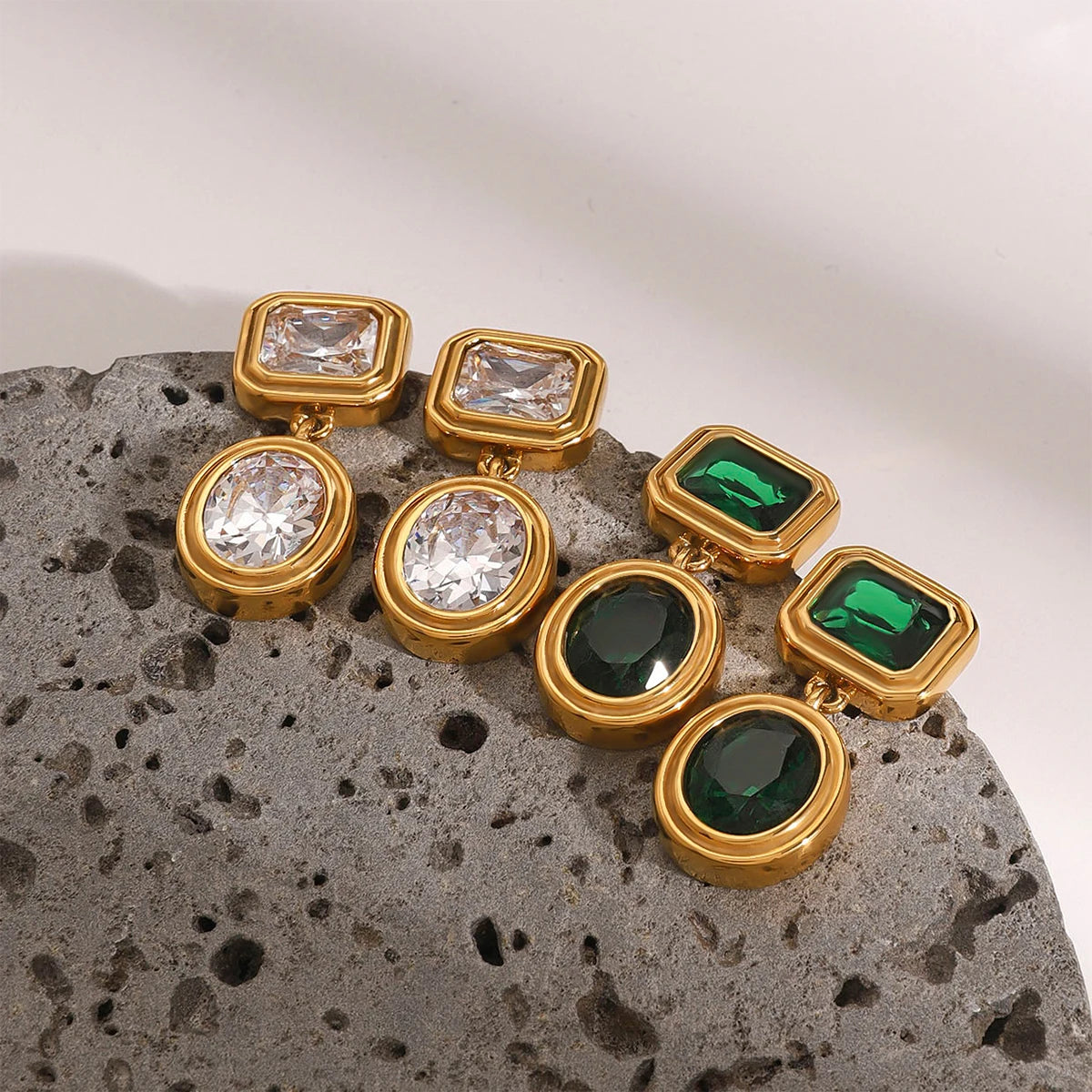 18K Gold Plated Geometric Drop Earrings for Women – Waterproof Tarnish Free Stainless Steel (Green or Clear Stone)