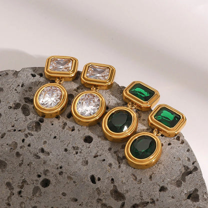 18K Gold Plated Geometric Drop Earrings for Women – Waterproof Tarnish Free Stainless Steel (Green or Clear Stone)