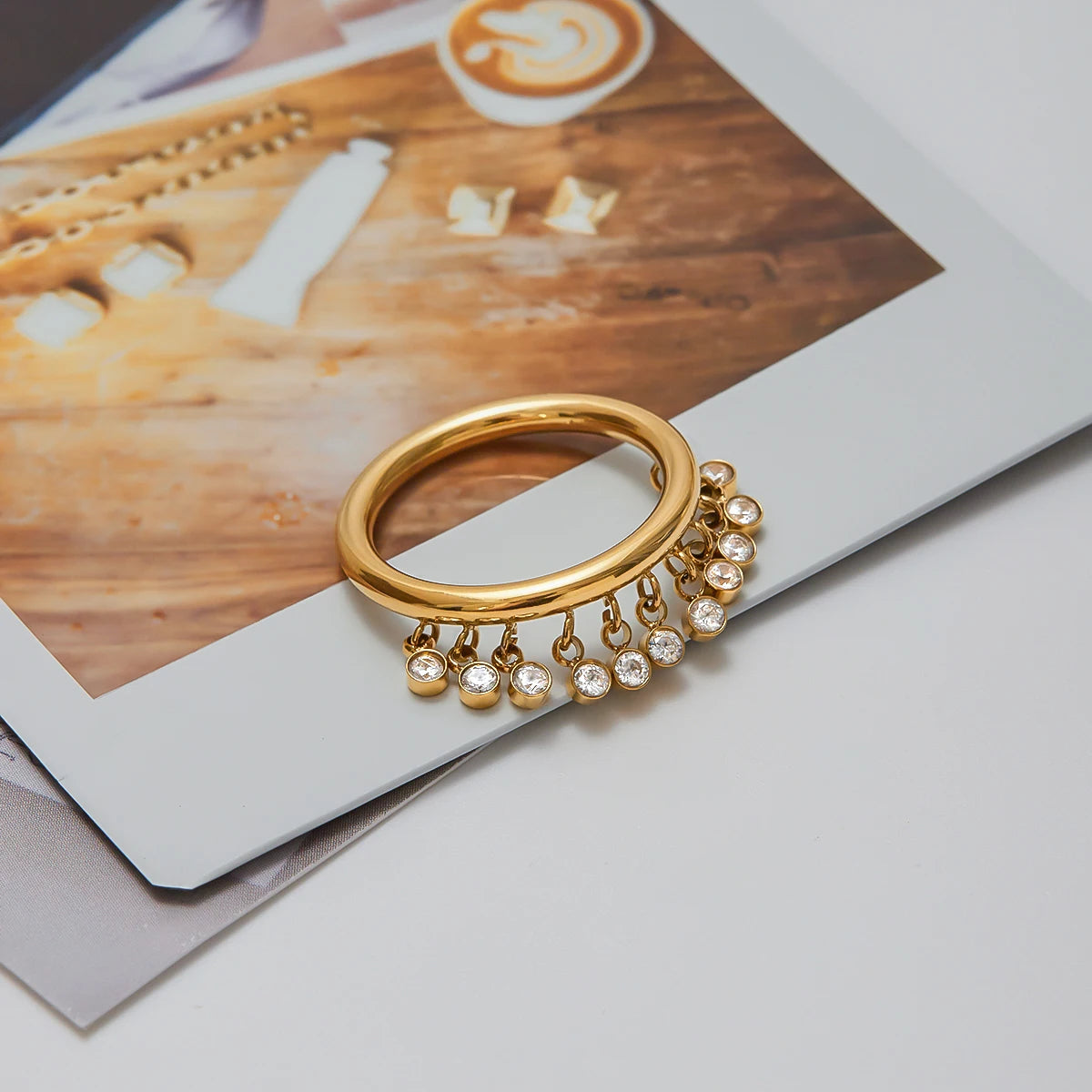 Dainty Dangle Charm Ring | 18K Gold Plated Tassel Ring with CZ Stones | Adjustable Waterproof Fashion Jewelry for Women