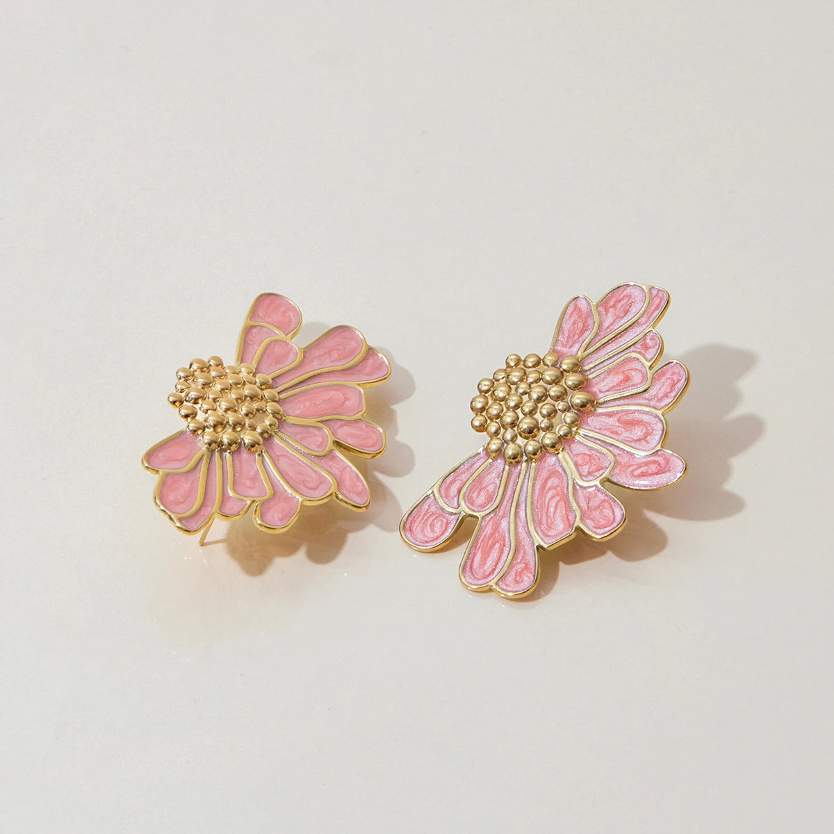 18K Gold Plated Floral Stud Earrings Set for Women – Waterproof Tarnish Free Stainless Steel Jewellery (Pink & White Variants)