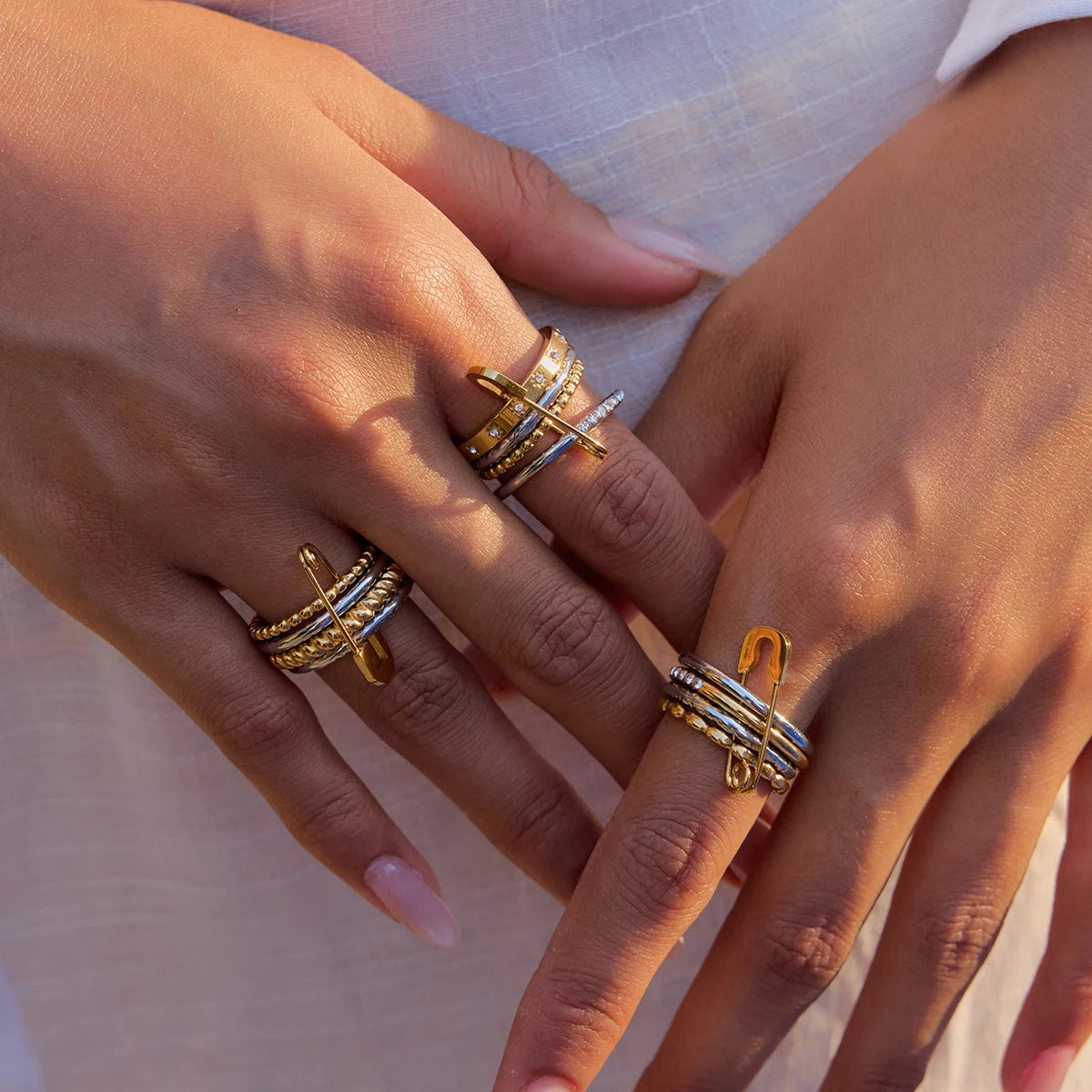 Edgy Safety Pin Stackable Ring Set | Mixed Metal Gold & Silver Tone Stainless Steel