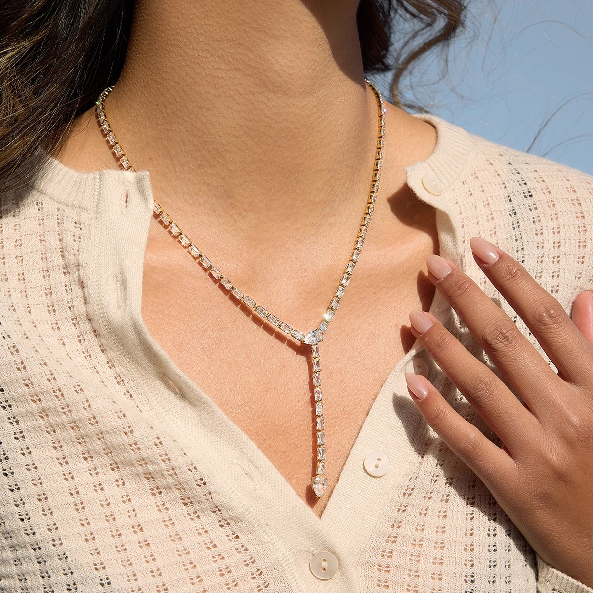 18K Vergulde Baguette Zirkonia Lariat Y-Ketting | Waterdichte Volledige Tennisketting Lariat Ketting | Diamanten Stijl Druppelketting