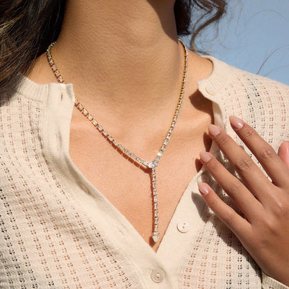 18K Vergulde Baguette Zirkonia Lariat Y-Ketting | Waterdichte Volledige Tennisketting Lariat Ketting | Diamanten Stijl Druppelketting