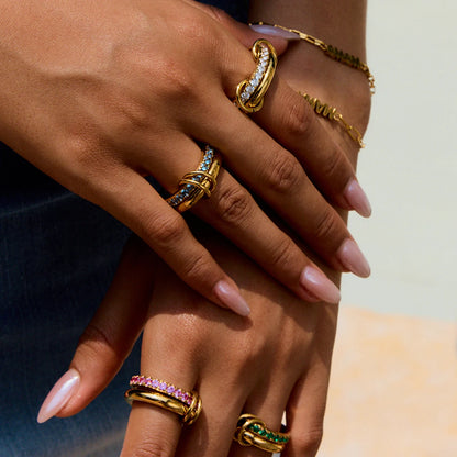 Luxe Meerlaagse Gouden Ring met Gekleurde Zirkoonstenen – Wit, Groen, Roze & Blauw | Verstelbare Stapelbare Modering