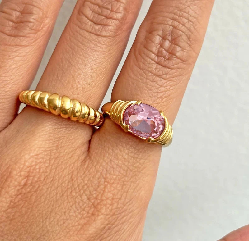 18K Gold Plated Oval Gemstone Ring – Waterproof, Tarnish-Free Statement Jewellery