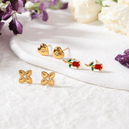 Gold Plated Stud Earrings Set for Women – Waterproof Tarnish Free Stainless Steel Floral, Heart & Rose Design Jewellery (3 Pairs)