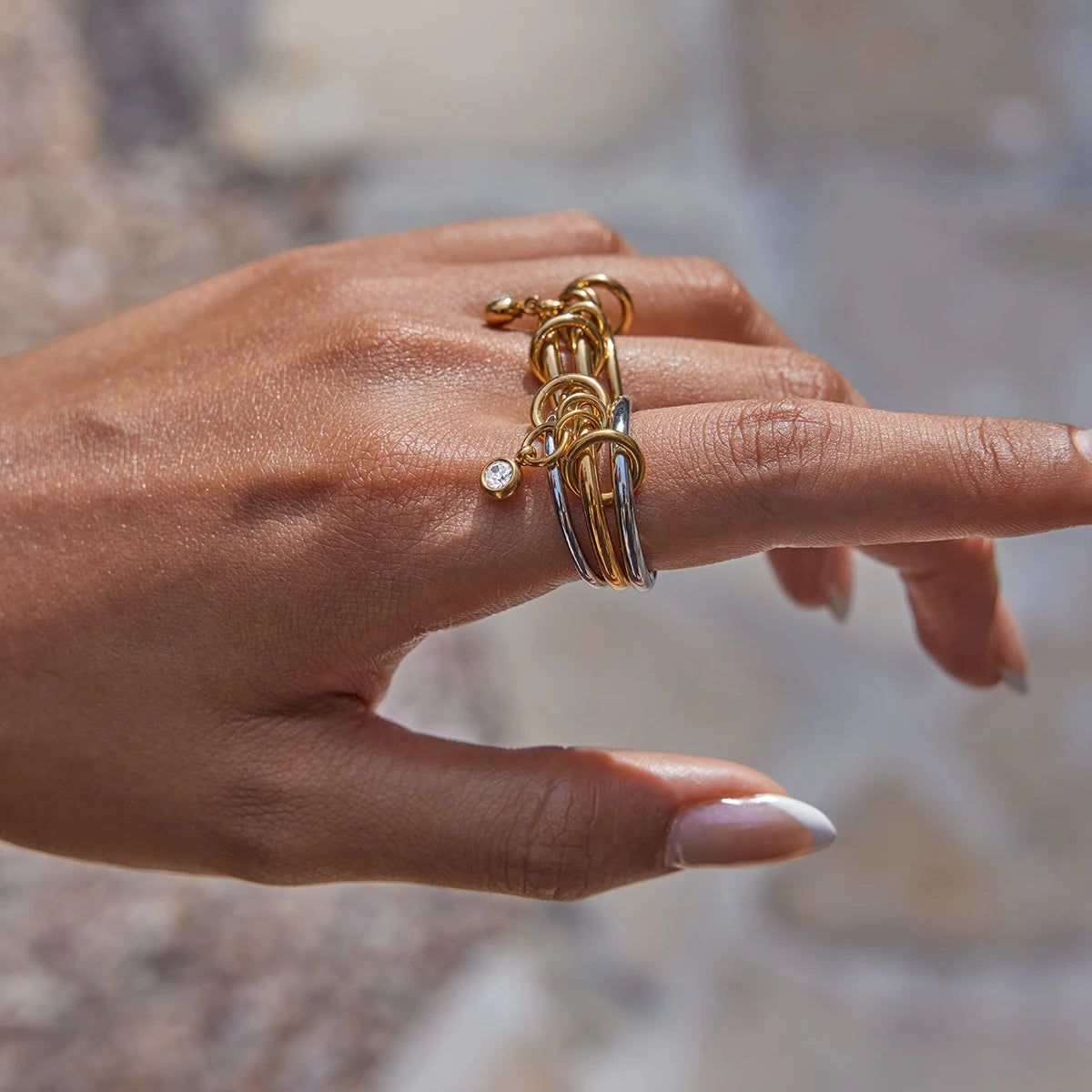 Multi-Band Dangle Charm Ring | Chunky Two-Tone or 18 K Gold Stackable Statement Ring | CZ Drop Waterproof Stainless Steel Jewelry