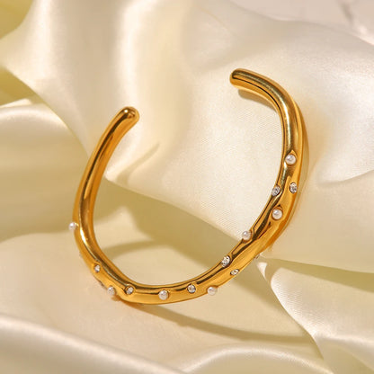 Verguld Open Manchet Armband met Parel & Kristal voor Dames | Waterdichte & Roestvrije Sieraden