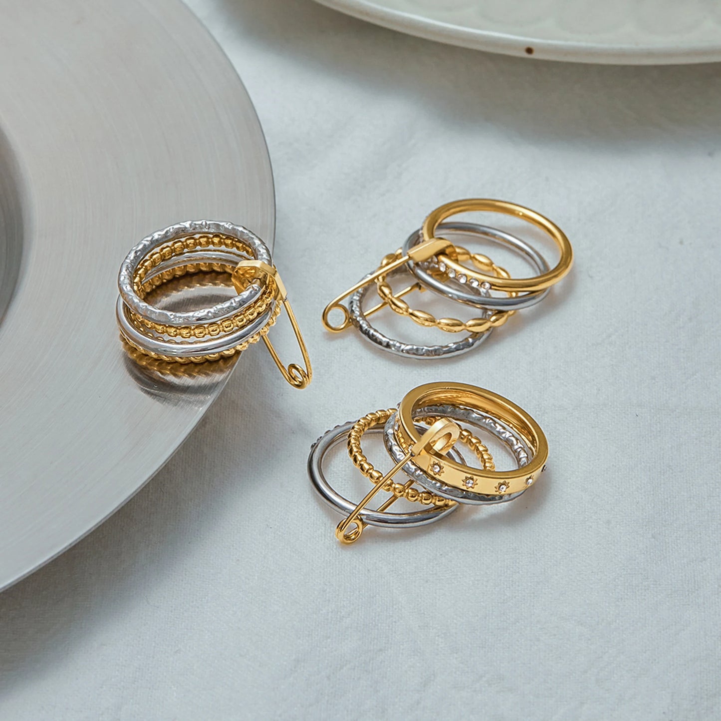 Edgy Safety Pin Stackable Ring Set | Mixed Metal Gold & Silver Tone Stainless Steel