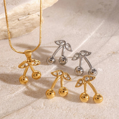18K vergulde kersenketting & oorbellen set – waterdichte & aanslagvrije sieraden voor dames