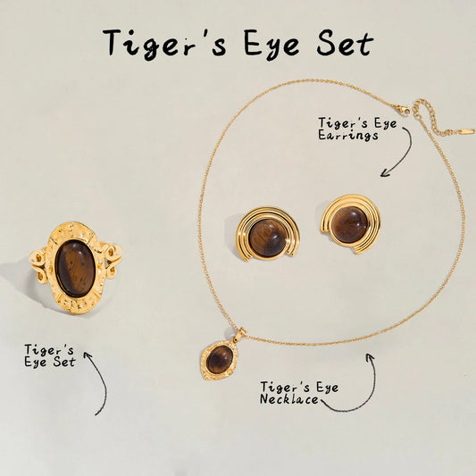 Premium 18K Verguld Tijgeroog Ketting, Oorbellen & Ring Set voor Dames – Waterdichte & Roestvrije Sieraden