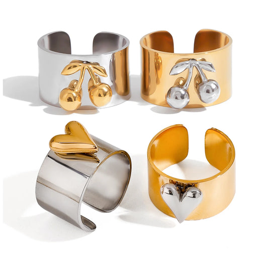 Chunky Two-Tone Gold & Silver Stainless Steel Statement Ring | Modern Wide Band Heart & Cherry Design | Waterproof Bicolor Fashion Jewelry