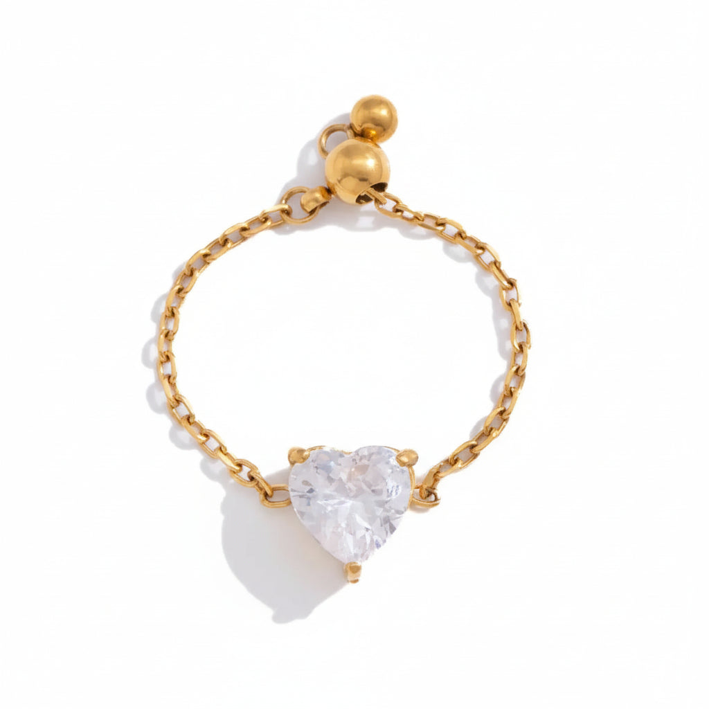 18K Gold Plated Adjustable Chain Ring with CZ Stone | Waterproof Dainty Gold Chain Ring | 6 Styles — Round, Heart, Square, Oval, Teardrop & Flower