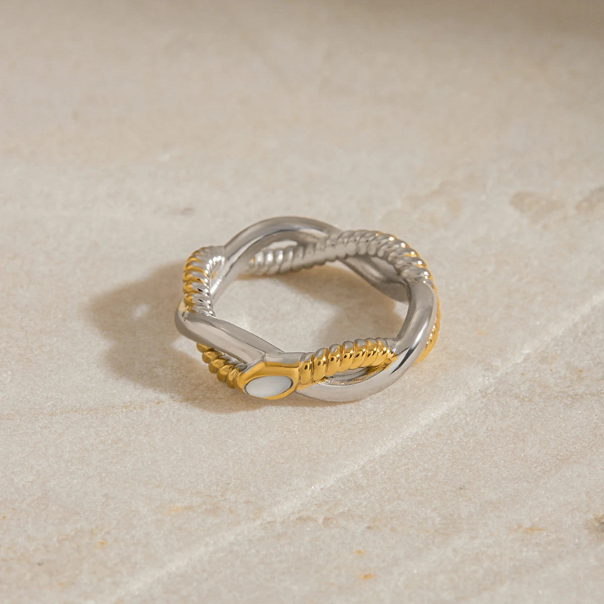 Chunky Two-Tone Twisted Knot Ring | 18K Gold Plated Stainless Steel Bicolor Statement Ring | Sculptural Modern Inlay Jewelry