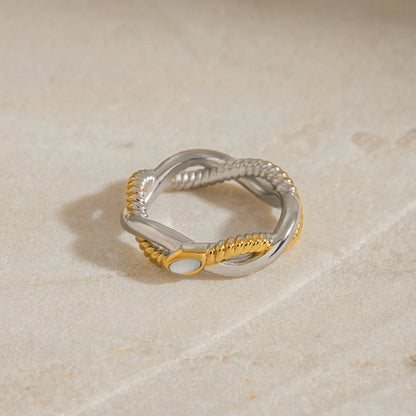 Chunky Two-Tone Twisted Knot Ring | 18K Gold Plated Stainless Steel Bicolor Statement Ring | Sculptural Modern Inlay Jewelry