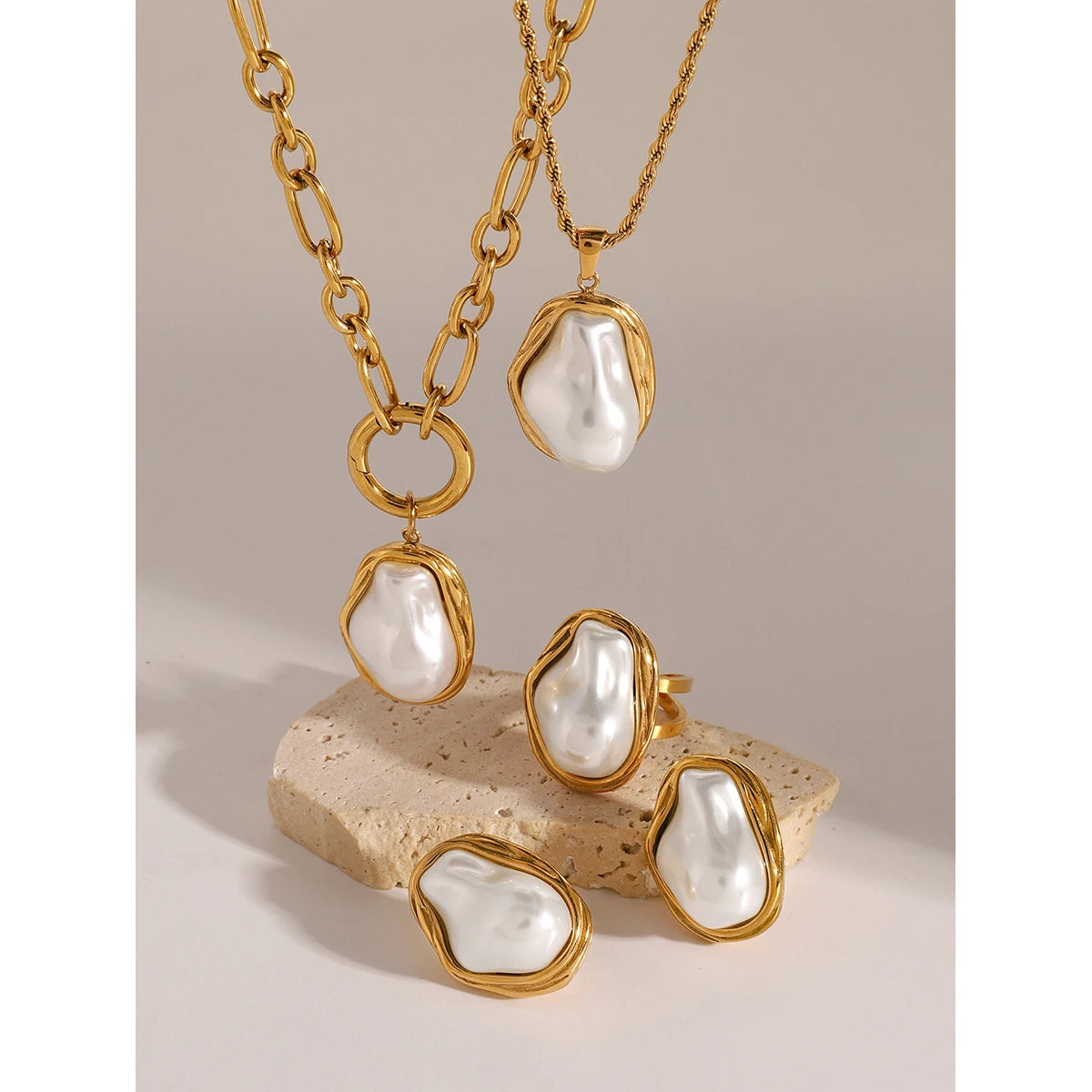 Premium 18K Gold Plated Pearl Necklace, Earrings & Ring Set for Women – Waterproof & Tarnish-Free Luxury Jewellery & Jewelry
