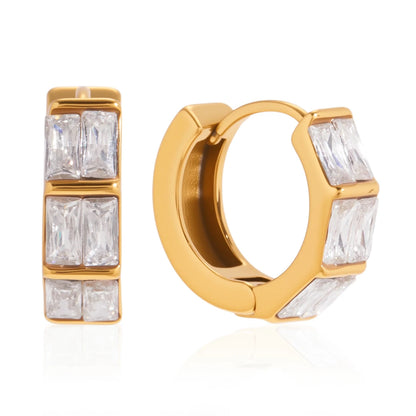 18K Gold Plated Baguette CZ Huggie Hoop Earrings | Waterproof Double Row Channel Set Crystal Earrings | Diamond Style Chunky Hoop Earrings