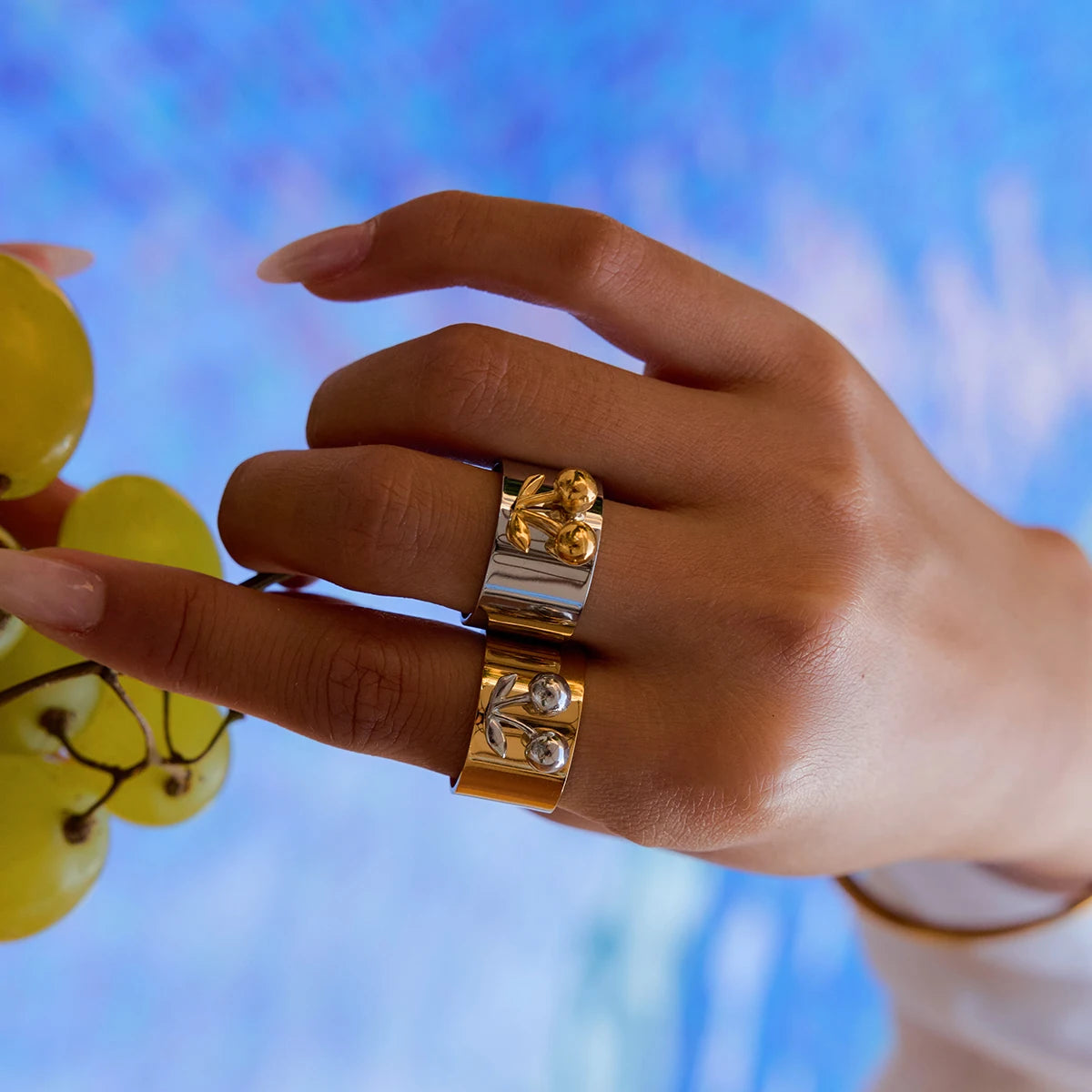 Chunky Two-Tone Gold & Silver Stainless Steel Statement Ring | Modern Wide Band Heart & Cherry Design | Waterproof Bicolor Fashion Jewelry