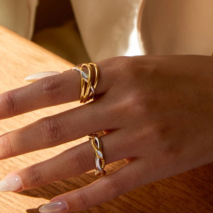 Chunky Two-Tone Twisted Knot Ring | 18K Gold Plated Stainless Steel Bicolor Statement Ring | Sculptural Modern Inlay Jewelry