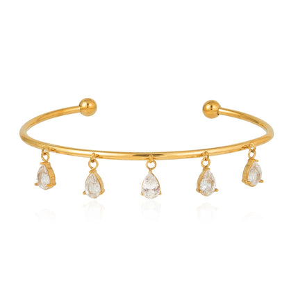 18K Gold Plated Open Cuff Bangle with Pear Cut CZ Drop Charms | Waterproof Five Stone Teardrop Charm Bangle | Diamond Style Bridal Cuff Bracelet