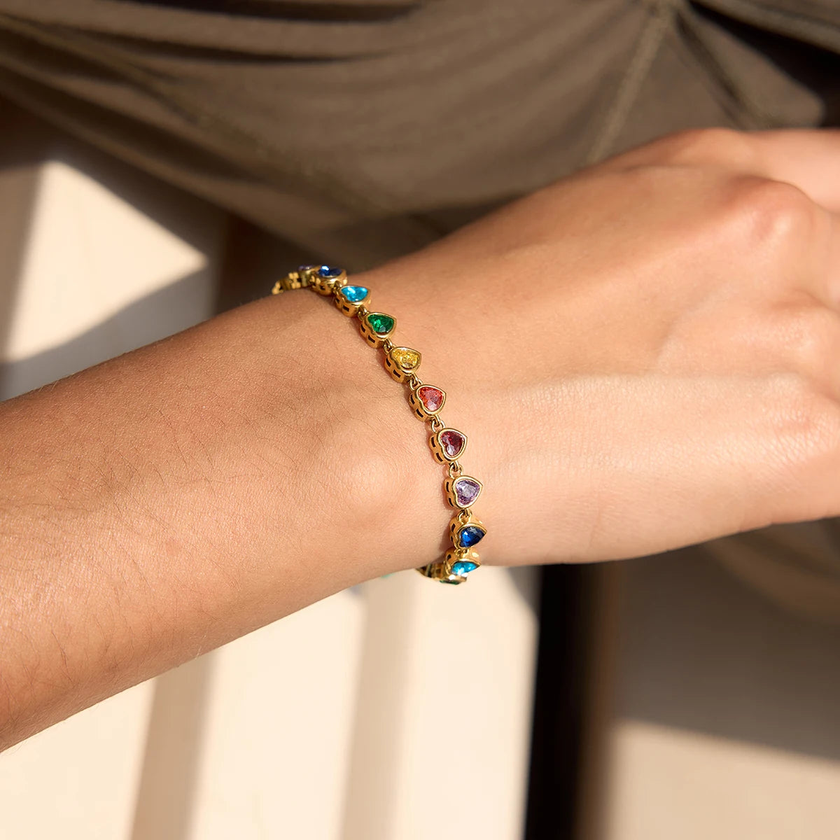 18K Gold Plated Rainbow Multicolour Crystal Tennis Bracelet | Waterproof Bezel Set Colourful CZ Bracelet | Available in Round & Heart Cut Stones