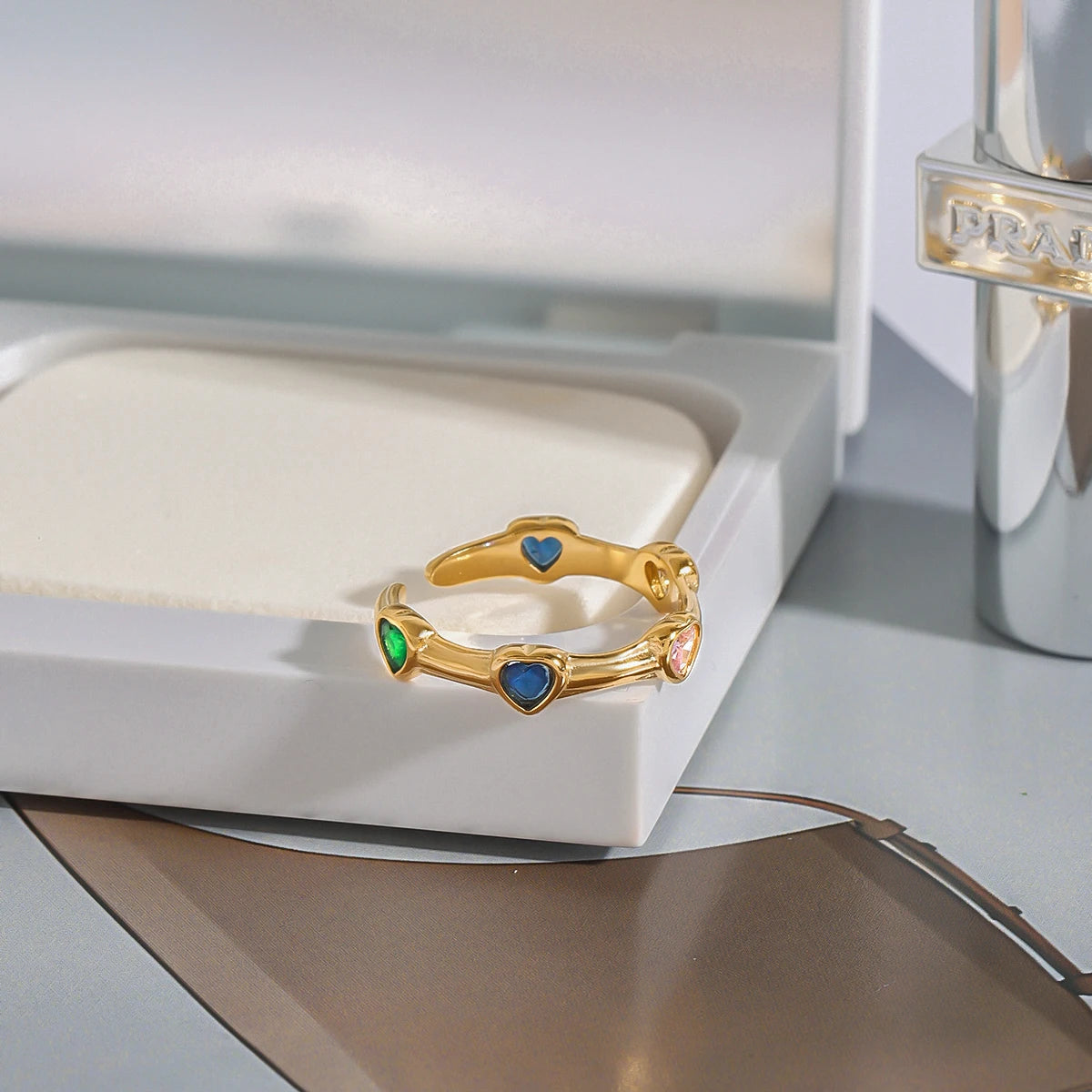 Rainbow Heart Gold Adjustable Ring – Multicolor Gemstone Band (Cute & Trendy)