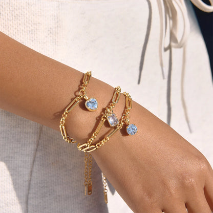 18K Gold Plated Paperclip Chain Bracelet with CZ Charm | Waterproof Mixed Link Chain Bracelet | Available in Heart, Round & Cushion Cut
