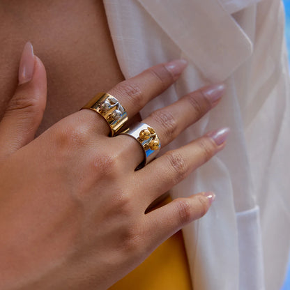 Chunky Two-Tone Gold & Silver Stainless Steel Statement Ring | Modern Wide Band Heart & Cherry Design | Waterproof Bicolor Fashion Jewelry