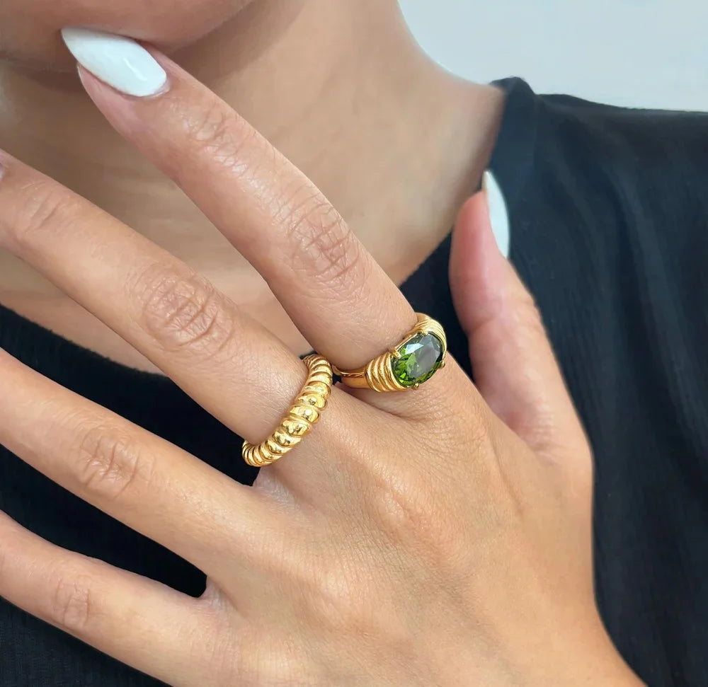 18K Gold Plated Oval Gemstone Ring – Waterproof, Tarnish-Free Statement Jewellery