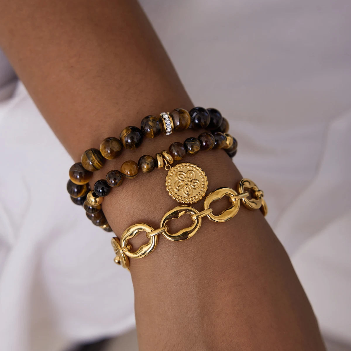Gold Plated Tiger Eye Charm Bracelet for Women | Waterproof & Tarnish-Free Beaded Jewelry