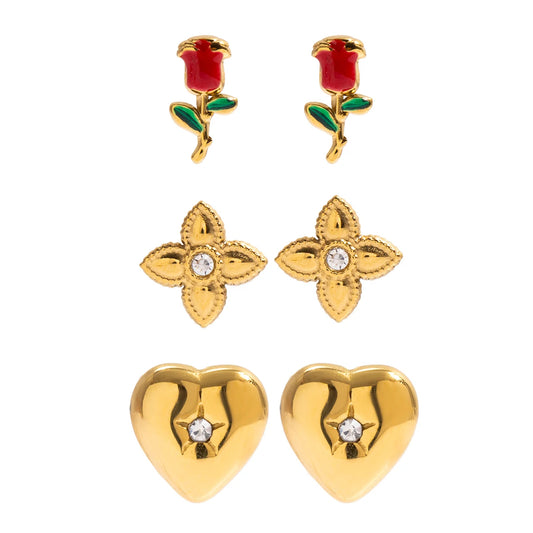 Gold Plated Stud Earrings Set for Women – Waterproof Tarnish Free Stainless Steel Floral, Heart & Rose Design Jewellery (3 Pairs)