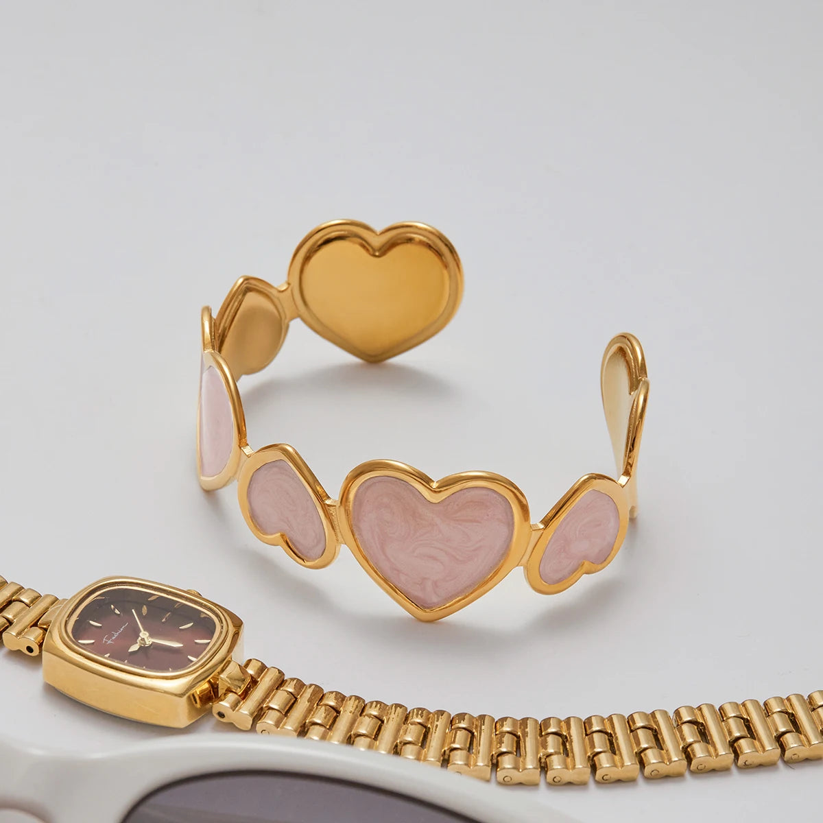 Gold Plated Pink Heart Open Cuff Bracelet for Women | Waterproof & Tarnish-Free Jewelry