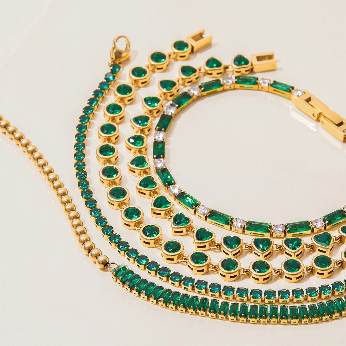 Gold Plated Emerald Green Bracelet Set for Women | Waterproof & Tarnish-Free Stackable Jewelry