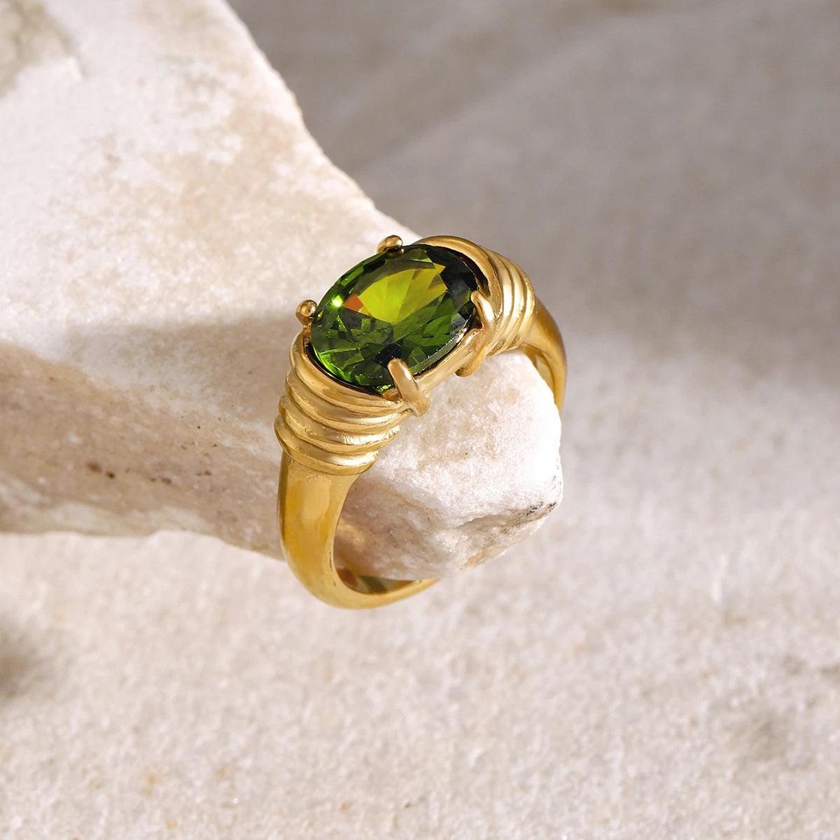 18K Gold Plated Oval Gemstone Ring – Waterproof, Tarnish-Free Statement Jewellery