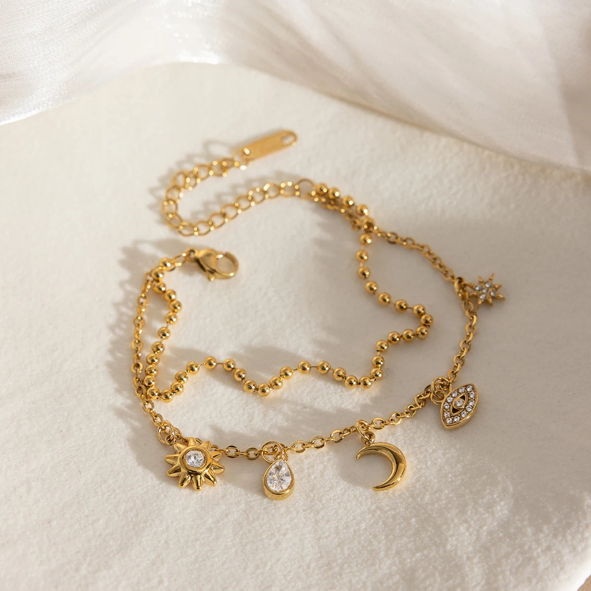 18K Gold Plated Celestial Charm Bracelet | Waterproof Double Layer Sun Moon Star & Evil Eye Bracelet | Boho Gold Charm Bracelet