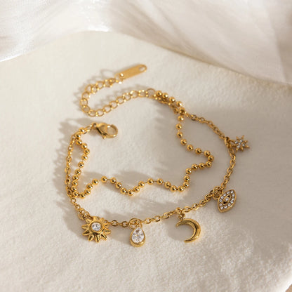 18K Gold Plated Celestial Charm Bracelet | Waterproof Double Layer Sun Moon Star & Evil Eye Bracelet | Boho Gold Charm Bracelet
