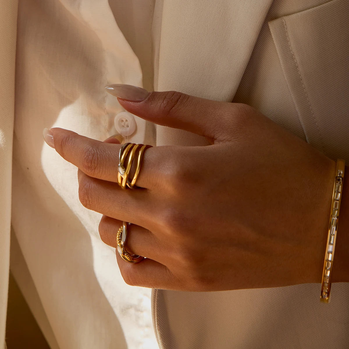 Chunky Two-Tone Twisted Knot Ring | 18K Gold Plated Stainless Steel Bicolor Statement Ring | Sculptural Modern Inlay Jewelry