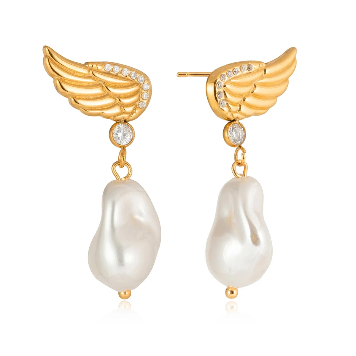 18K Gold Plated Angel Wing & Baroque Pearl Drop Earrings | Waterproof CZ Crystal Wing Stud with Pearl Dangle | Celestial Bridal Earrings