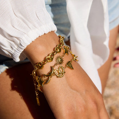 Gold Plated Sun Moon Charm Bracelet for Women | Waterproof & Tarnish-Free Stainless Steel Jewelry