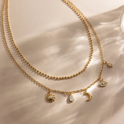 18K vergulde hemelse dubbellaagse bedelketting | Waterdichte zon maan ster en boze oog gelaagde ketting | Boho gouden bedelketting set
