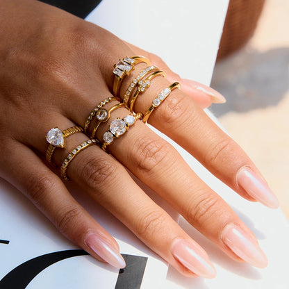 18K Gold Plated Crystal Ring Set of 6 | Waterproof Stackable Ring Stack | CZ Diamond Style Gold Ring Collection