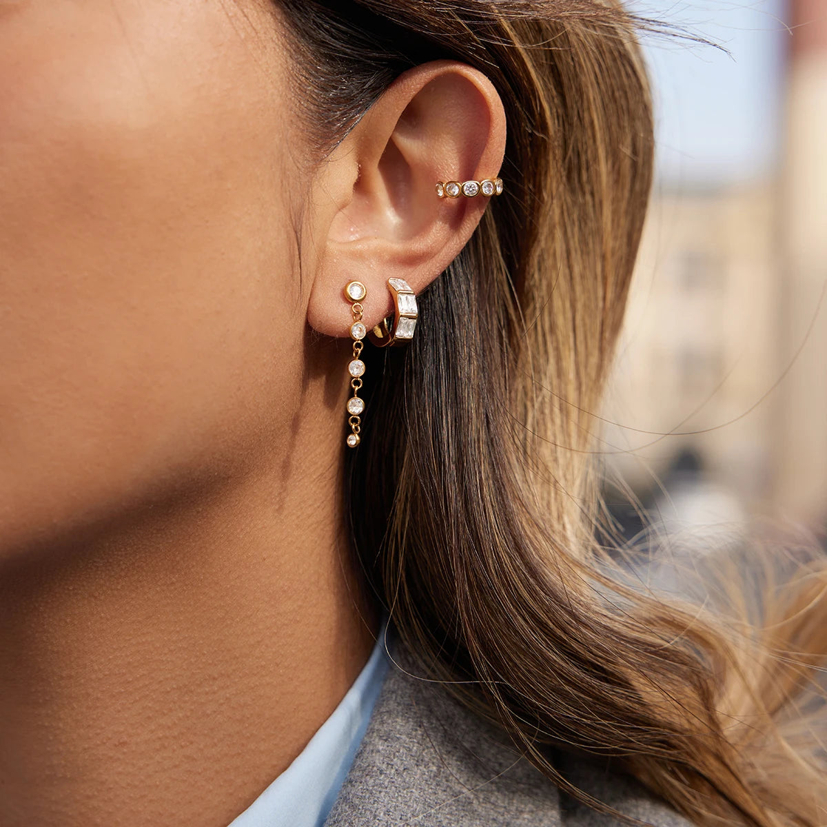 18K Gold Plated Baguette CZ Huggie Hoop Earrings | Waterproof Double Row Channel Set Crystal Earrings | Diamond Style Chunky Hoop Earrings