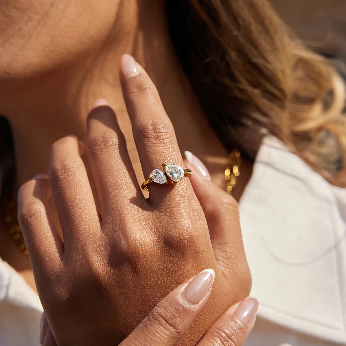 18K Gold Plated Double Stone CZ Open Ring | Waterproof Toi et Moi Ring | Round, Marquise & Pear Cut Diamond Style Ring